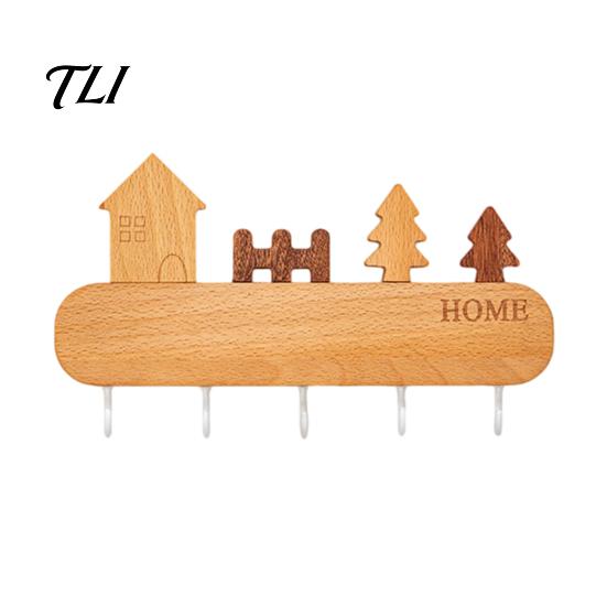 Heavy Duty Screw Fixation Hooks Wooden Key Holder with 5 Hooks, Cartoon House Theme Organizer, Multi Entryway Wall Storage Purpose Hanging Rack