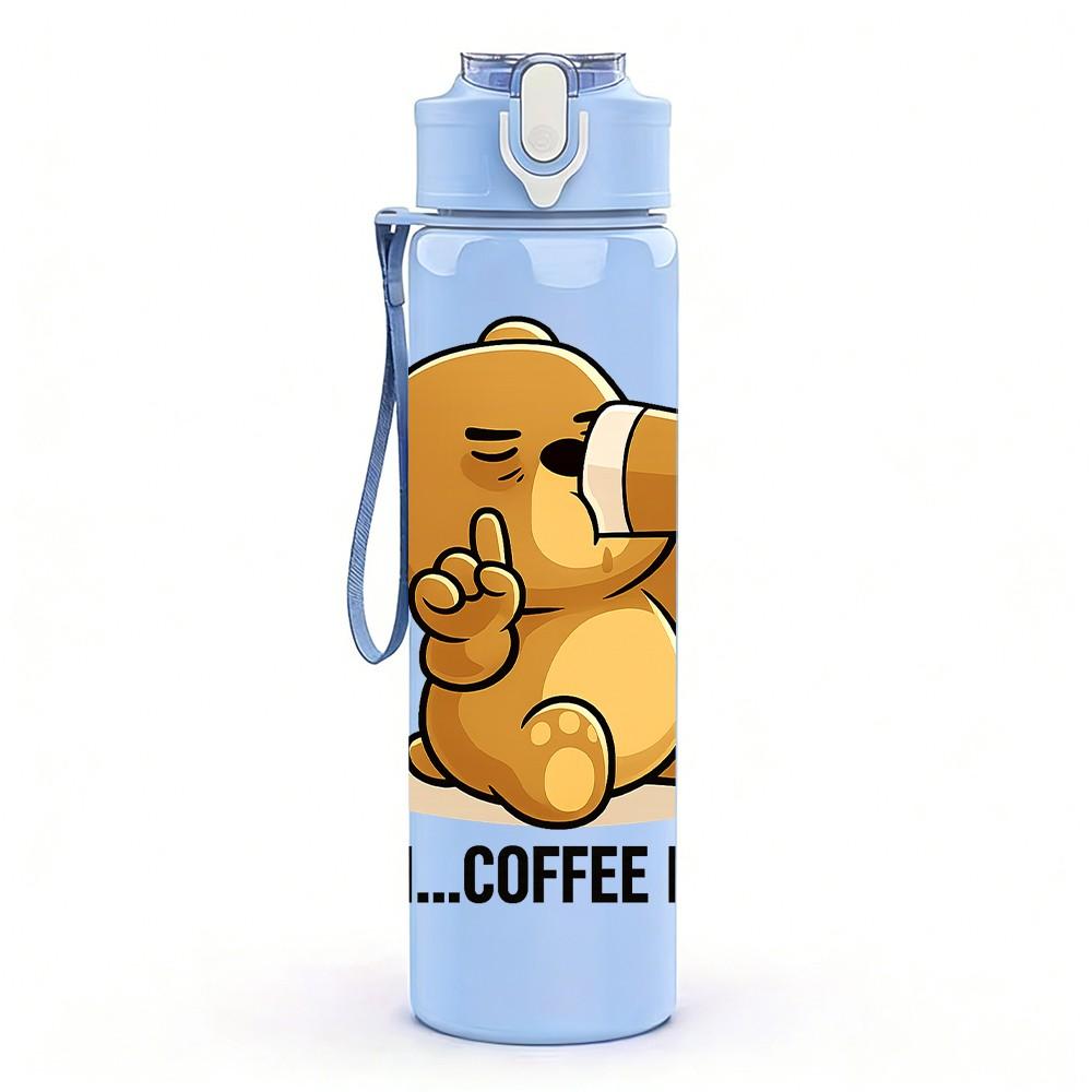 1PC Teddy Bear Coffee First Slogan Print 750ml Color Plastic Sports Water Bottle Leakproof Flip Straw Lid Suitable for Sports Office Home Use