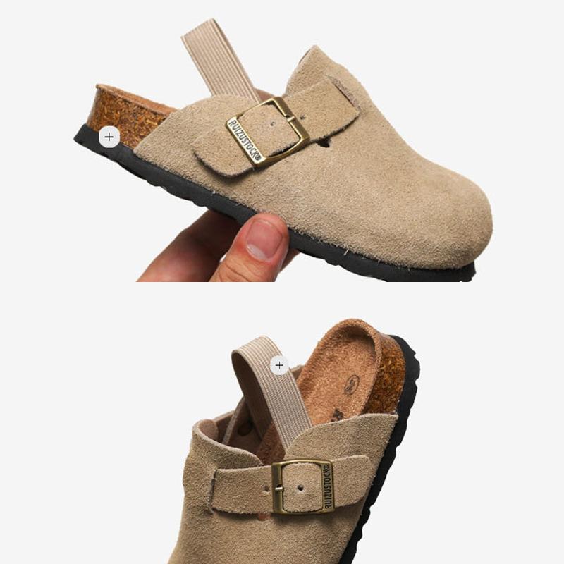 Mode Kidmi Kinder Kork Pantoletten Mädchen Zehengeschlossene Nubukschuhe mit Metallschnalle Jungen Echtleder Bequeme Strandschuhe