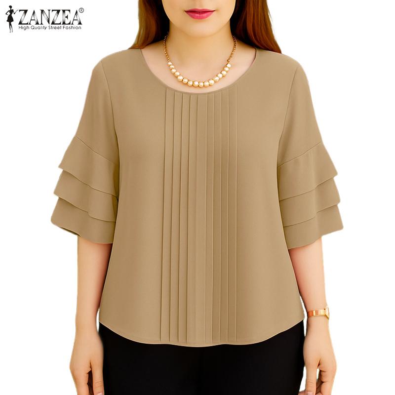 ZANZEA Blusa informal holgada de cuello redondo y manga 3/4 para mujer