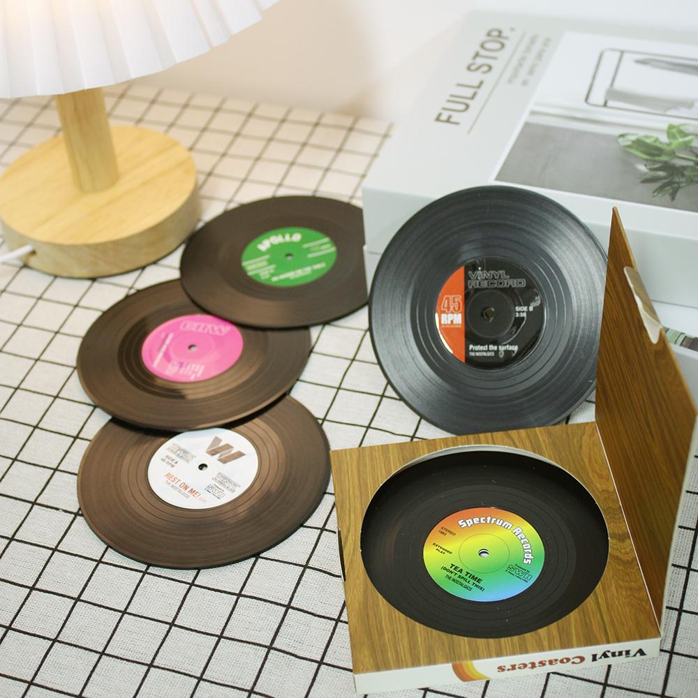 6pcs Coaster European American Retro Style Drink Beer Tea Abs Vinyl Record Cd Non Slip Drink Coaster for Desktop