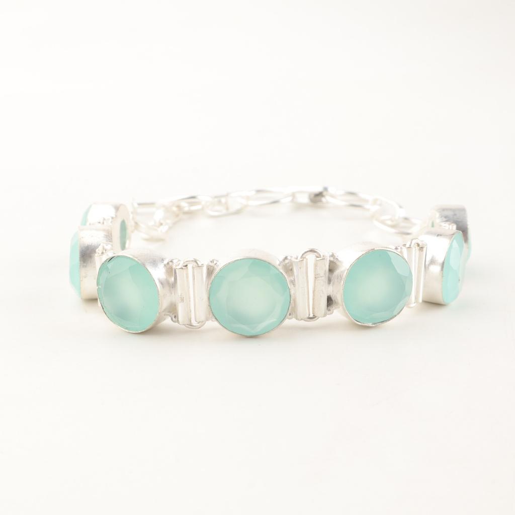 Piatră prețioasă rară calcedonie acvamarină, argint sterling 925, brățară statement handmade 9" RB-7-13