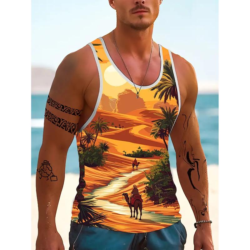 Summer Round Neck 3D Tropical Sunset & Palm Tree Printed Top Fashionable Casual Sport Sleeveless Women's Tank Tops