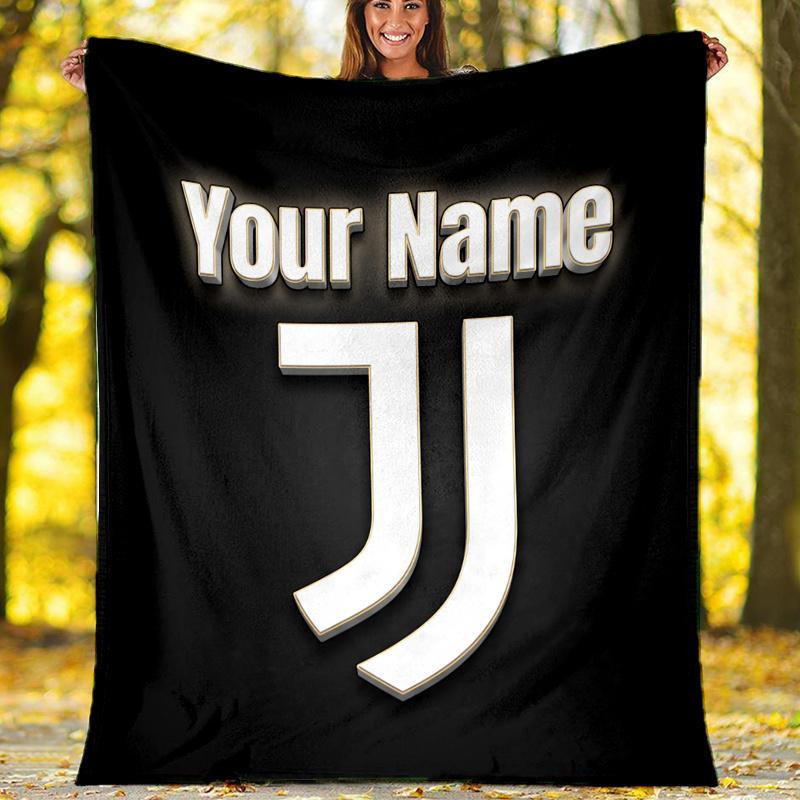 1pc Personalized Name Juventus Theme Blanket - Digital Print, Polyester, Cozy for All Seasons, Perfect for Outdoor, and Travel