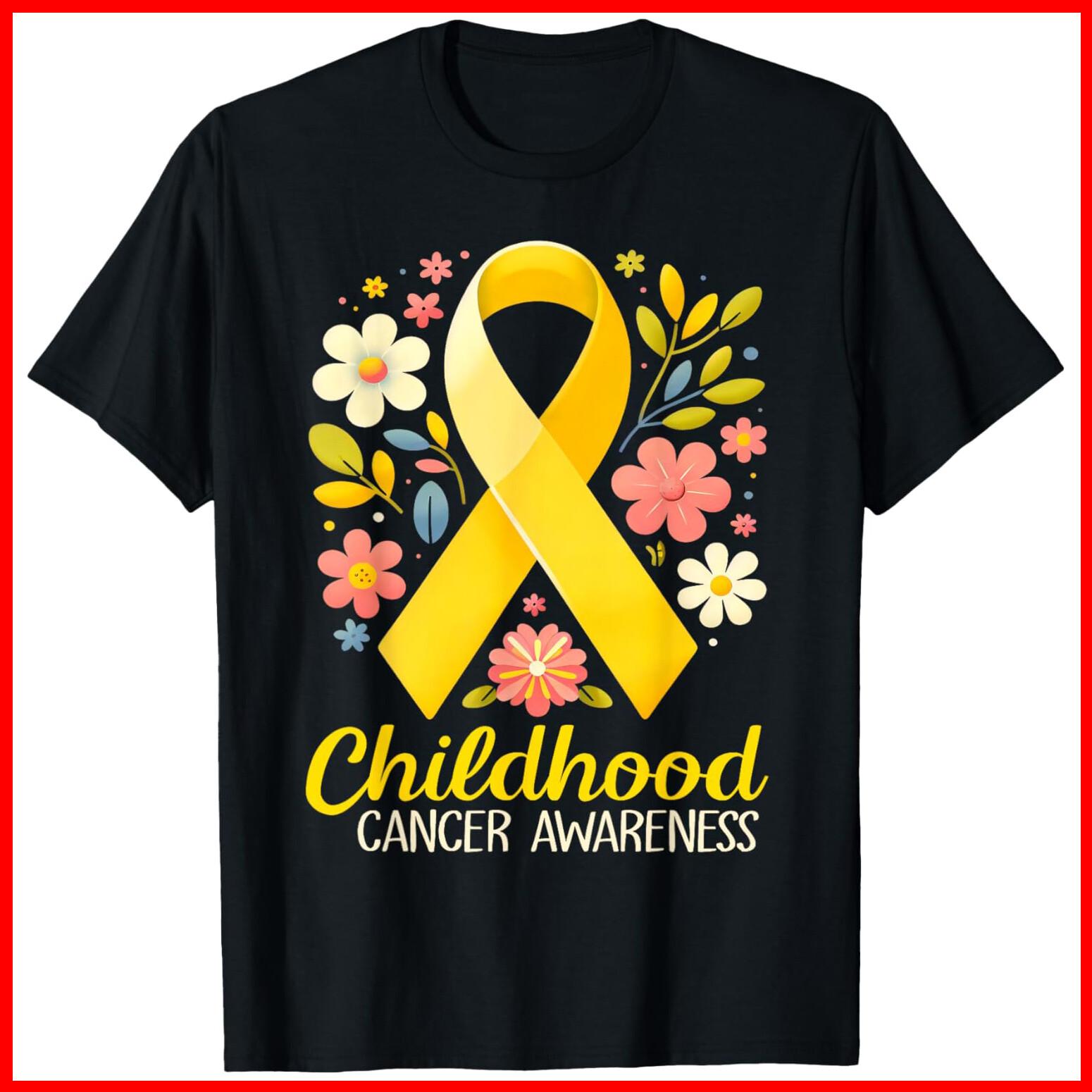 Gold Ribbon Childhood Cancer Awareness Black Cotton T-Shirt S-5XL S