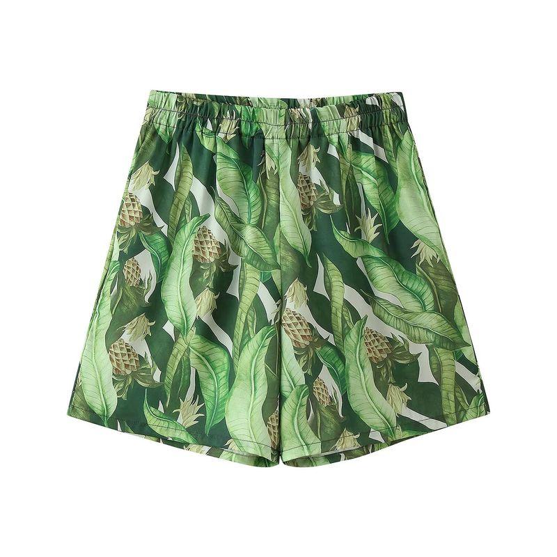 

Kaslead New Arrival Women s Fashion Style Lapel Short Sleeve Satin Print Shirt Casual Shorts Suit Shorts L