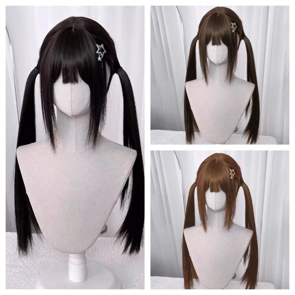 Synthetic Wig Lolita Cosplay Double Ponytail Long Straight Hair Anime Game Cosplay Hair Extensions Halloween Christmas Dress Up