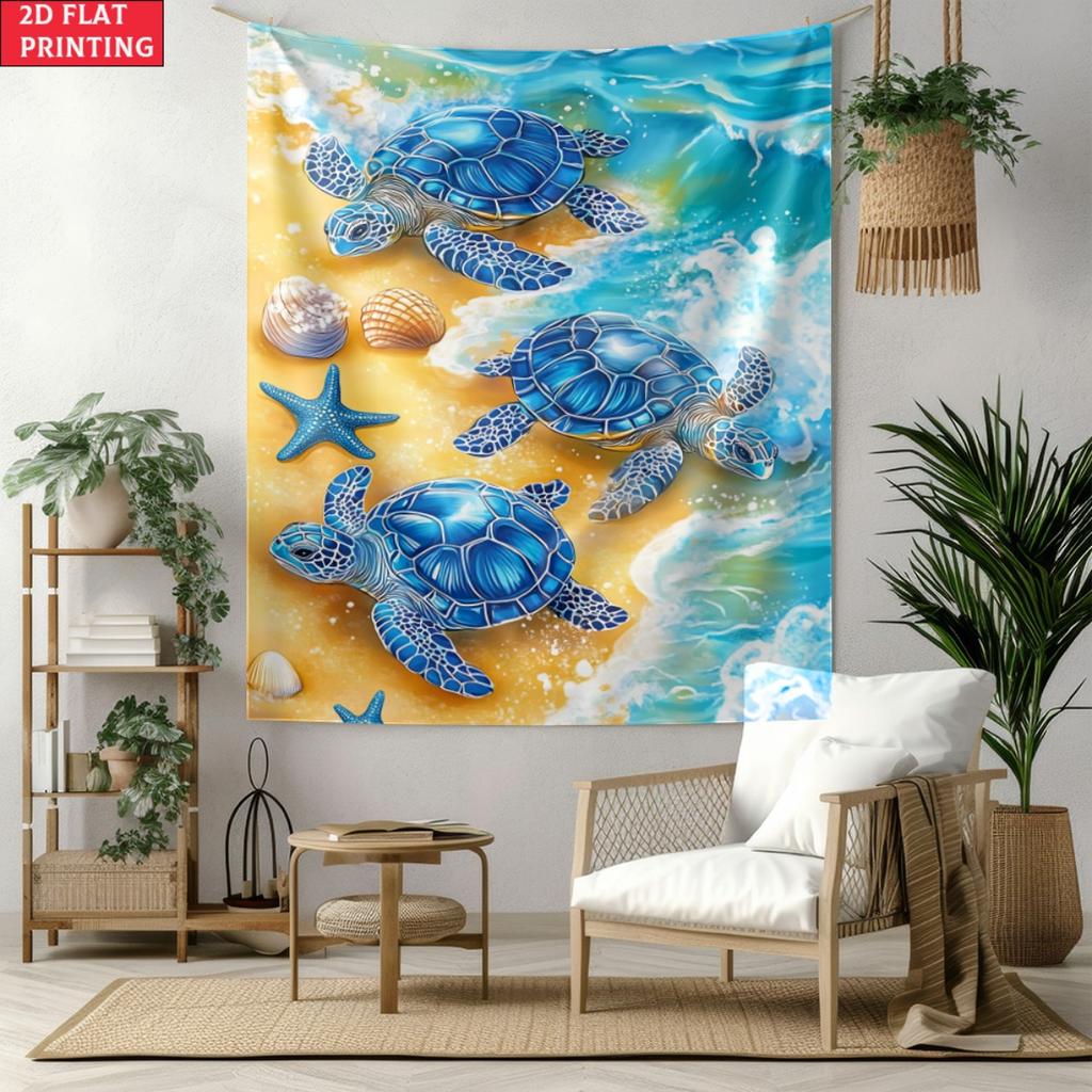 Sea Turtles Beach Ocean Waves Starfish Shells Tapestry Tropical Coastal Wall Art Summer Vacation Home Decor Marine Life Print