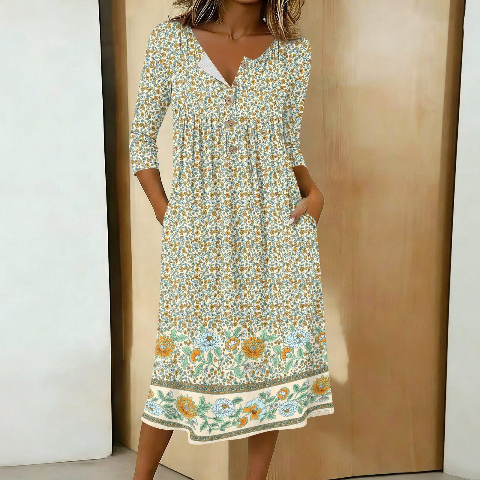 

Women s Fashionable Color Printed Round Neck 3/4 Sleeve Button Collar Mid Length Casual Dress XXL