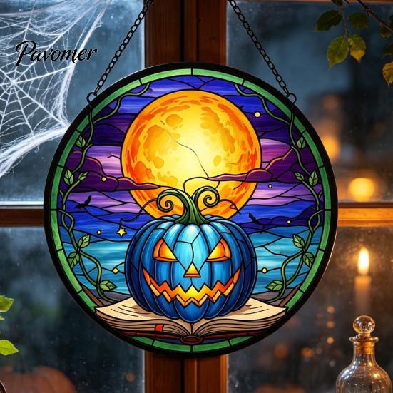 Transparent Light Shadow Effects Halloween Pumpkin Suncatcher, Stained Glass Style Round Window Hanging Ornament, Acrylic Creative Holiday Home