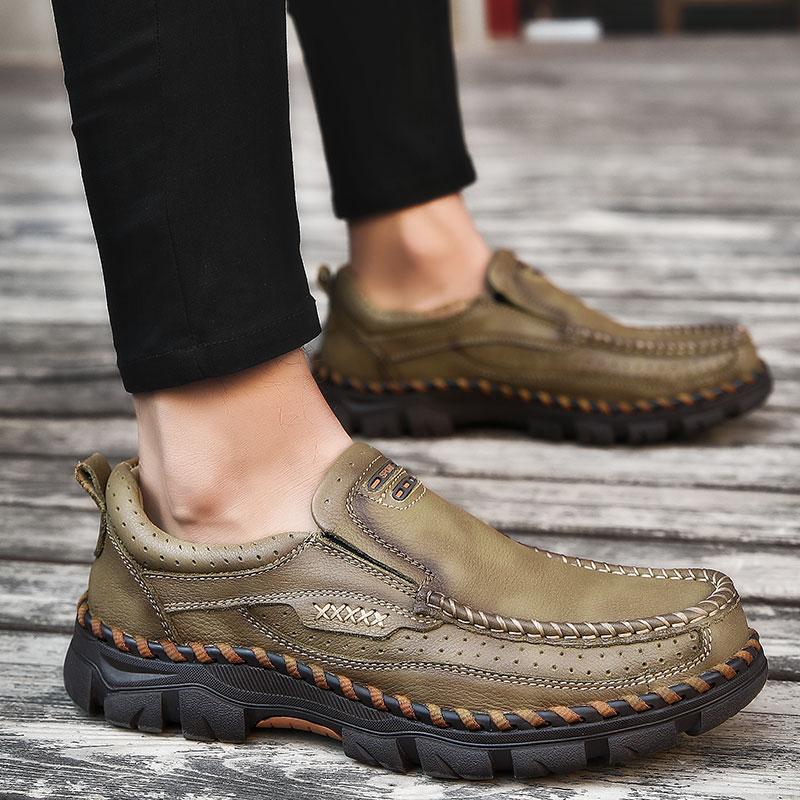 Fashion Men's Slip-On Casual Leather Shoes Wear-Resistant Anti-Skid Round Toe Loafers Thick Bottom Dress Footwear All Season