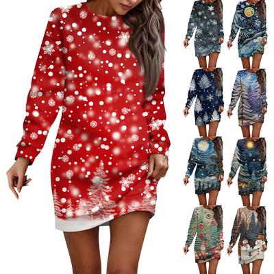 Langarmkleid für Damen, lässig, weihnachtlich, bedruckt, Pullover, Hip-Pack-Kleid, Pulloverkleid, Herbst
