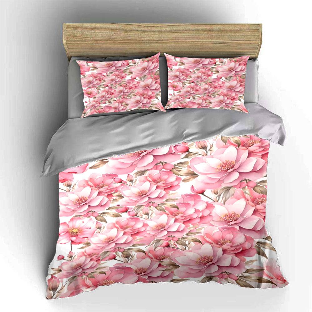 Elegant Pink Floral Pattern Duvet Cover Set With 3D Printing Design Soft Polyester Bedding Set All-Season Comfort For Gifts