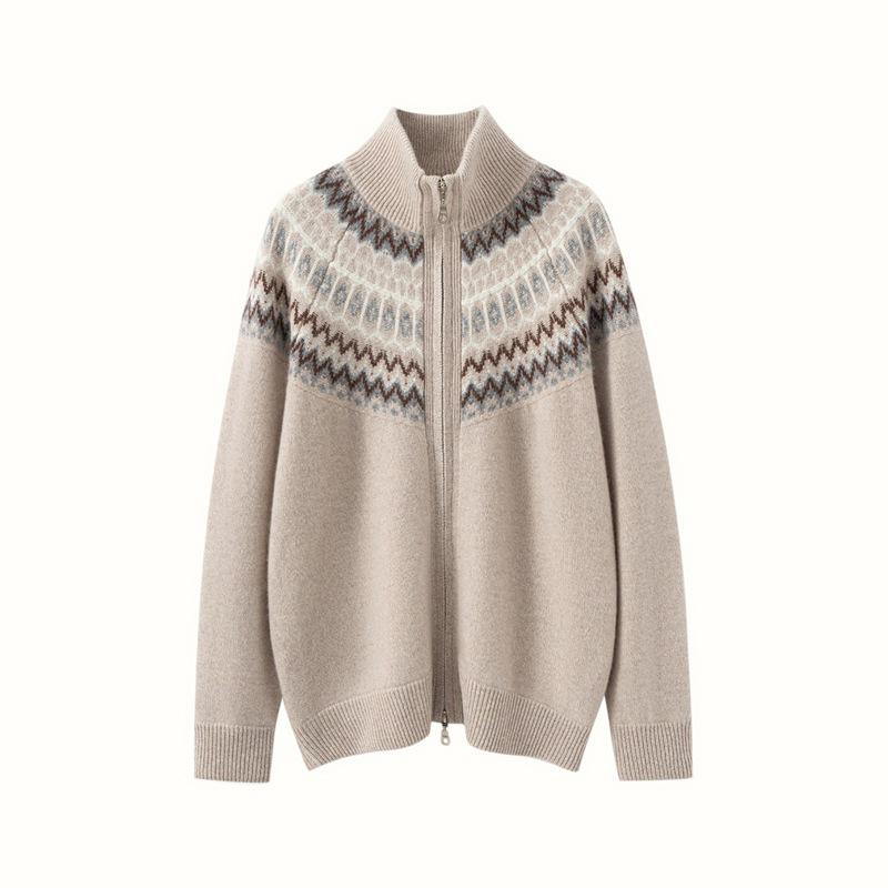 Fair Isle Jacquard Women's Color Block Cashmere Cardigan - 2025 Autumn/Winter Lapel Zipper Jacket
