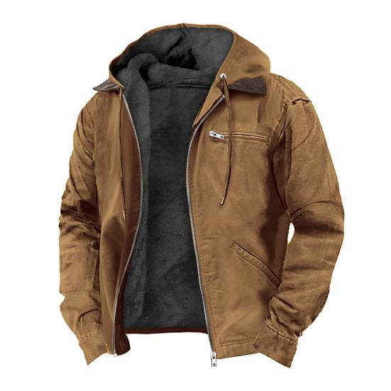 Men Sweatshirt Coat with Hooded Long Sleeve Multiple Pockets Zipper Placket Thickened Plush Lining Jacket