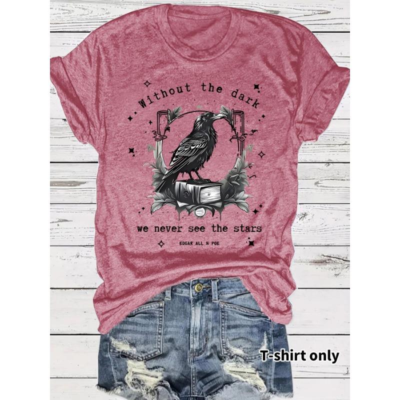 Women's Art Crow and Book Design Print Casual Short-sleeved Round-neck T-shirt