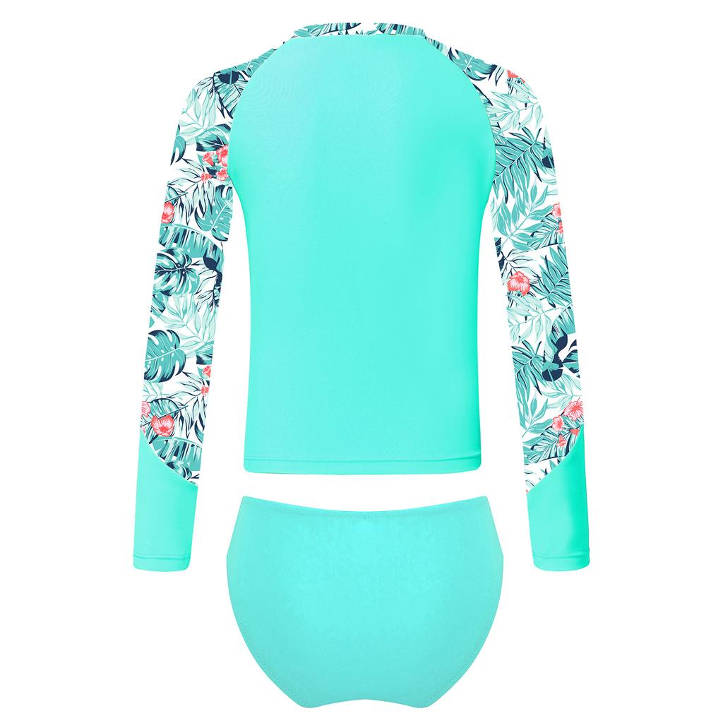 Girls Long Sleeve Swim Set Printed Mock Neck Rash Guard Top Swim Briefs UPF 50 Sun Protective Beach Pool Outfit