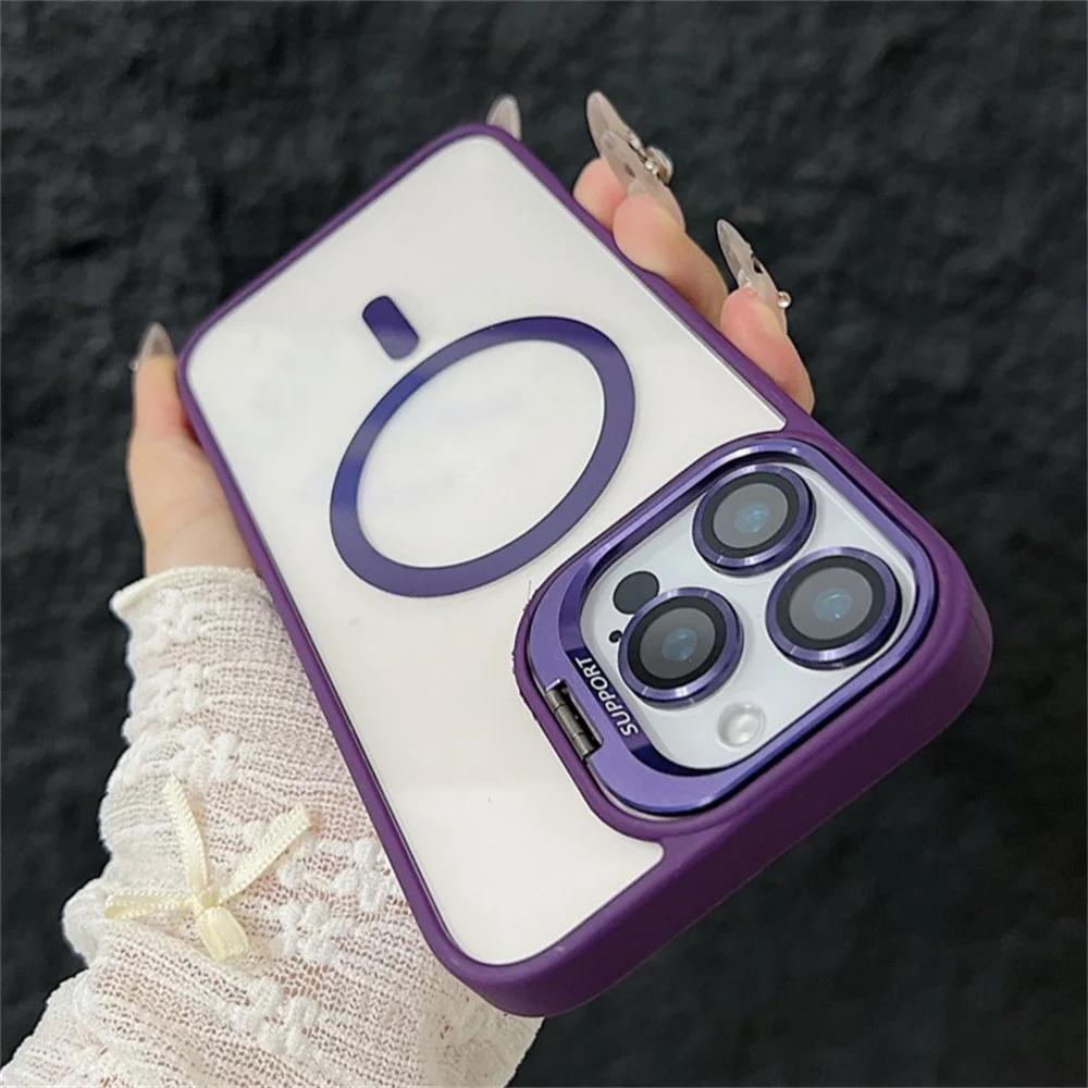 

Роскошный магнитный противоударный чехол для телефона iPhone 16 15 14 13 12 11 Pro Max 16 Plus для Magsafe Stand Glass Lens Protector Cover For iPhone 16 Plus темно-фиолетового