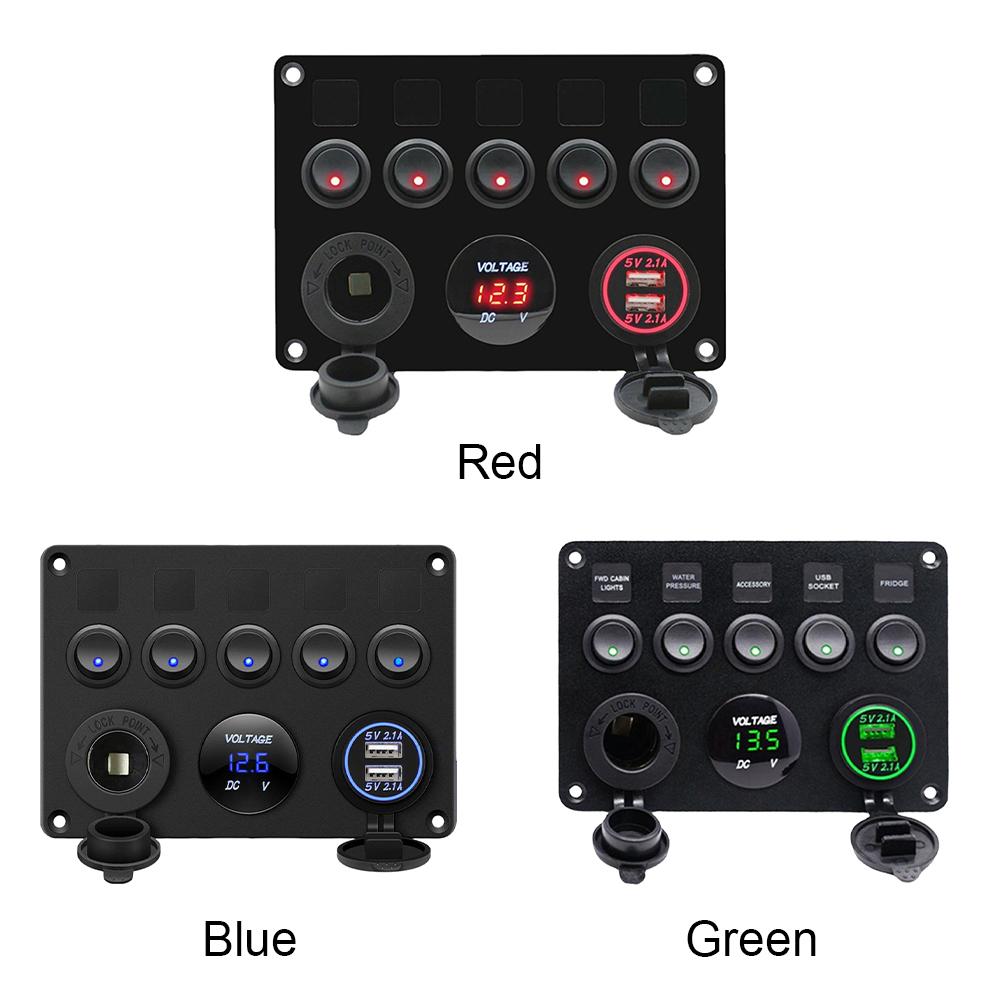 5 Gang 12V/24V Inline Fuse Box Boat Switch Panel Dual USB Car Switch Panel Waterproof with Digital Voltmeter for Truck RV Boat