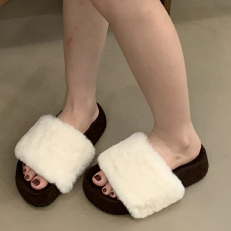 Platform slippers French leopard print fluffy slippers women's shoes wear new models in autumn and winter 2025