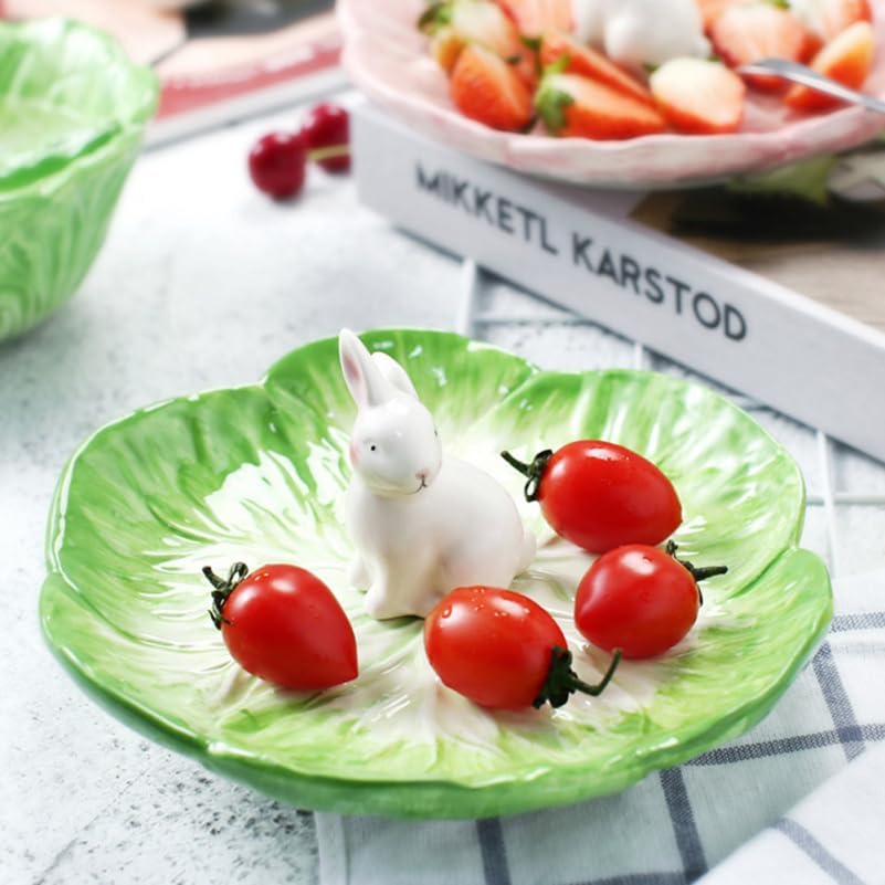 Housoutil Ceramic Rabbit Plates, Easter Cabbage Plate, Green Easter Serving Tray for Dessert Fruit Salad Snacks