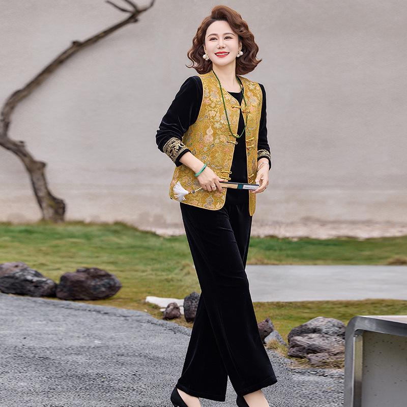 

Elegant Spring & Autumn Chinese Vest Three-piece Suit for Middle-aged Women 2026 4XL fits 135-145 lbs жовтий
