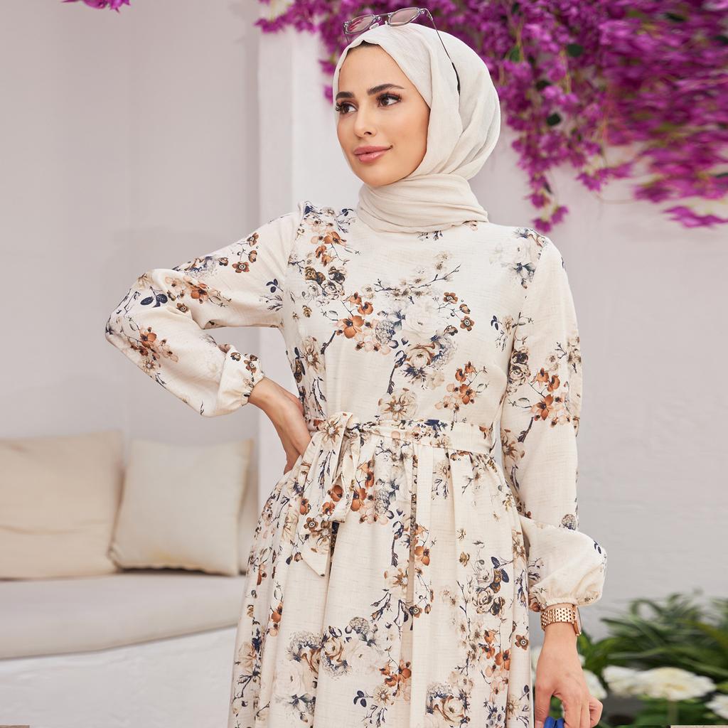 Rochie de in pentru femei cu model floral de vară, islamică, musulmană, cu mânecă lungă, Abaya cu brâu, căptușită sezon nou Fabricat în Turcia
