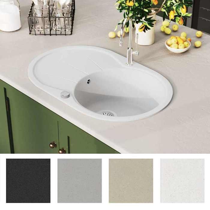 Évier de cuisine en granit - VIDAXL - Ovale - Blanc - 1 bac - 78x50cm