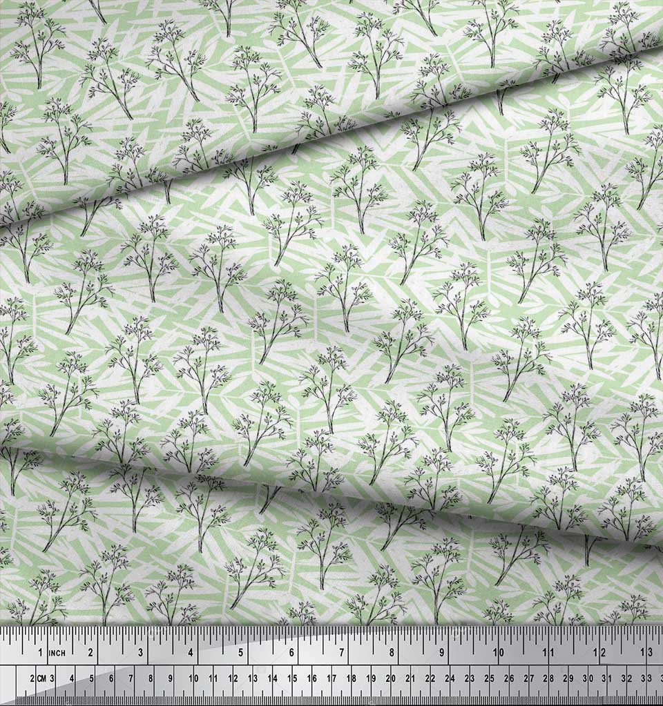 Soimoi Blue Poly Crepe Fabric Silhouette Branch Leaves Print Fabric by metre 42 Inch