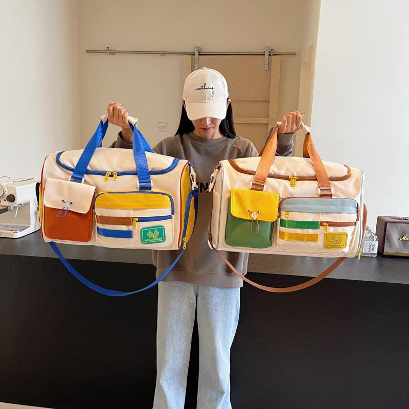 New contrasting color travel bag, fitness sports shoulder bag, large-capacity swimming, wet and dry separation, pull rod luggage bag