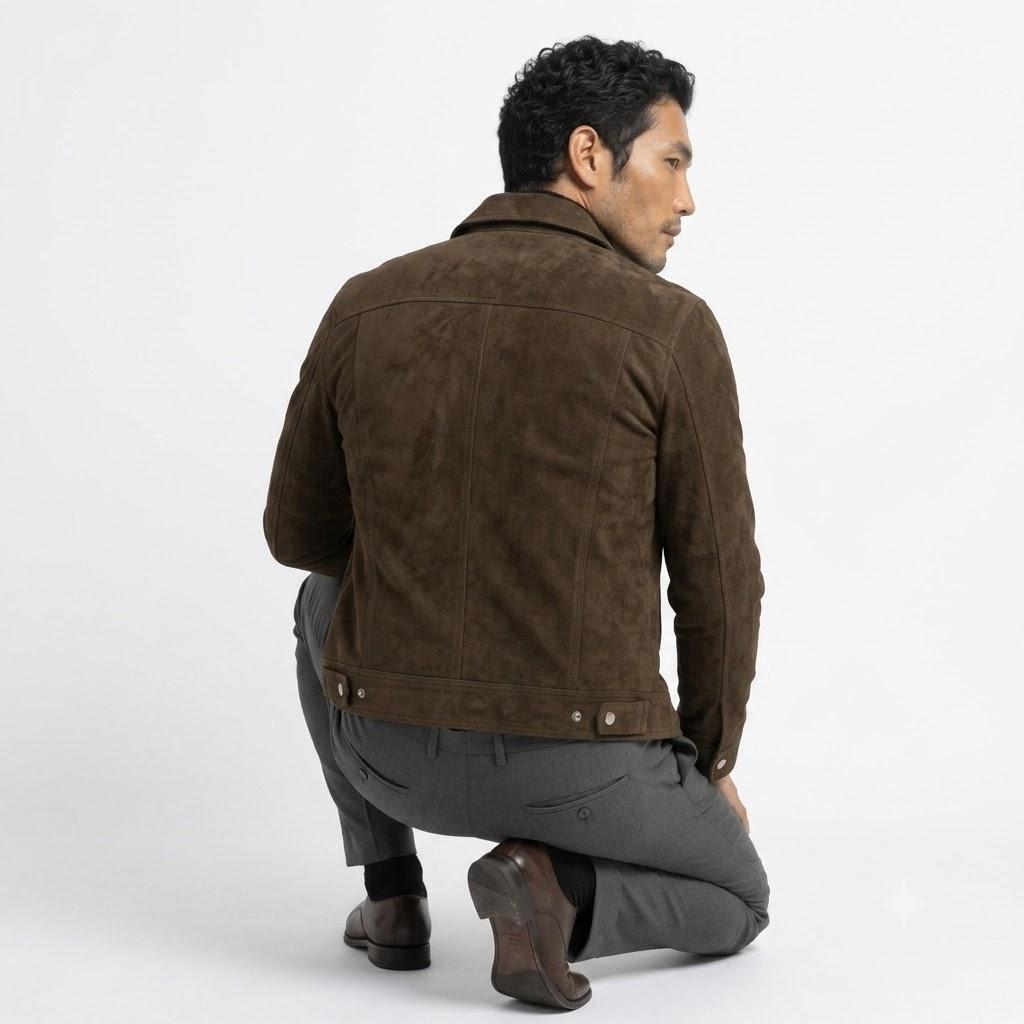 Giacca da uomo di design alla moda fatta a mano in camoscio e vera pelle di agnello