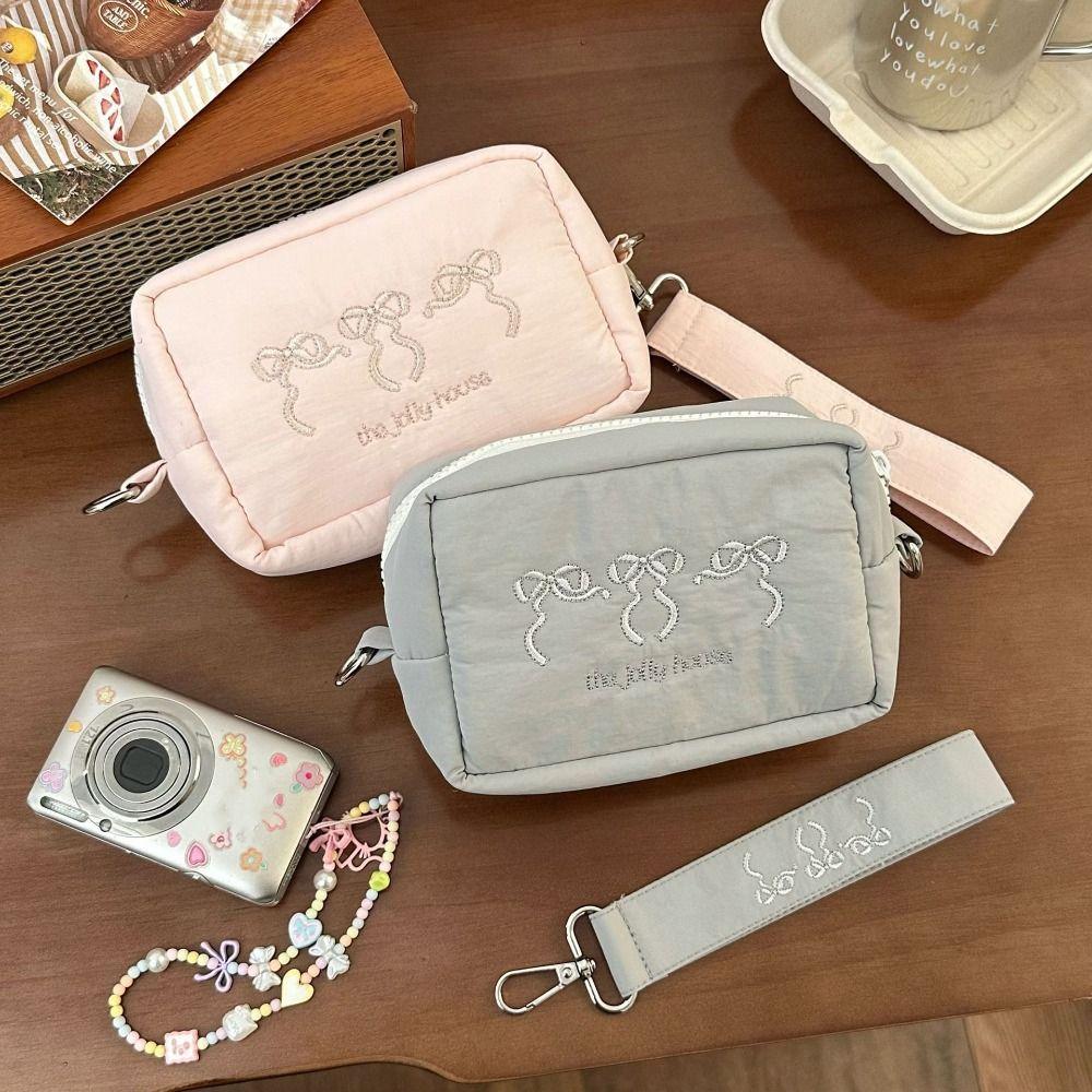 Keychain Zipper Wristlet Wallet With Lanyard Embroidered Bow Makeup Bag Nylon Coin Pocket  Outdoor