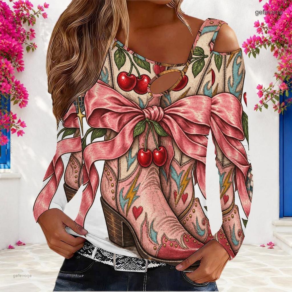 Women Plus Size Asymmetric Cutout Neck Cold Shoulder Long Sleeve Christmas Cowboy Boot Print Top