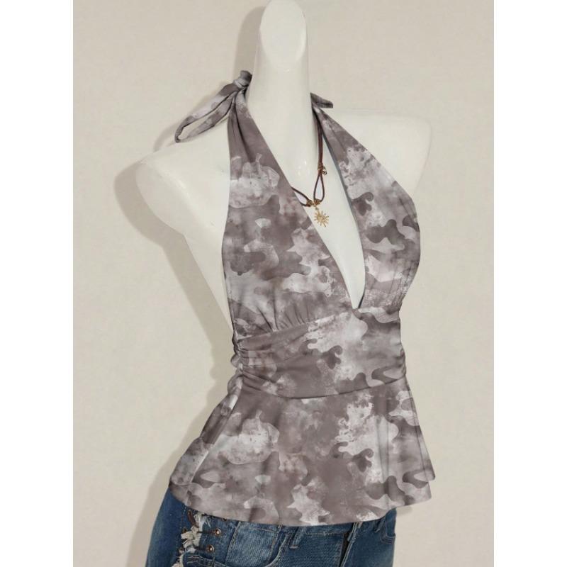 Women Halter Tie Back Backless Short Ruched Fitted Summer Camisole