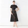 High Quaity Solid Lace Hollow Out Summer Dress for Women Elegant Stand Collar Short Sleeve Slim Midi Dresses