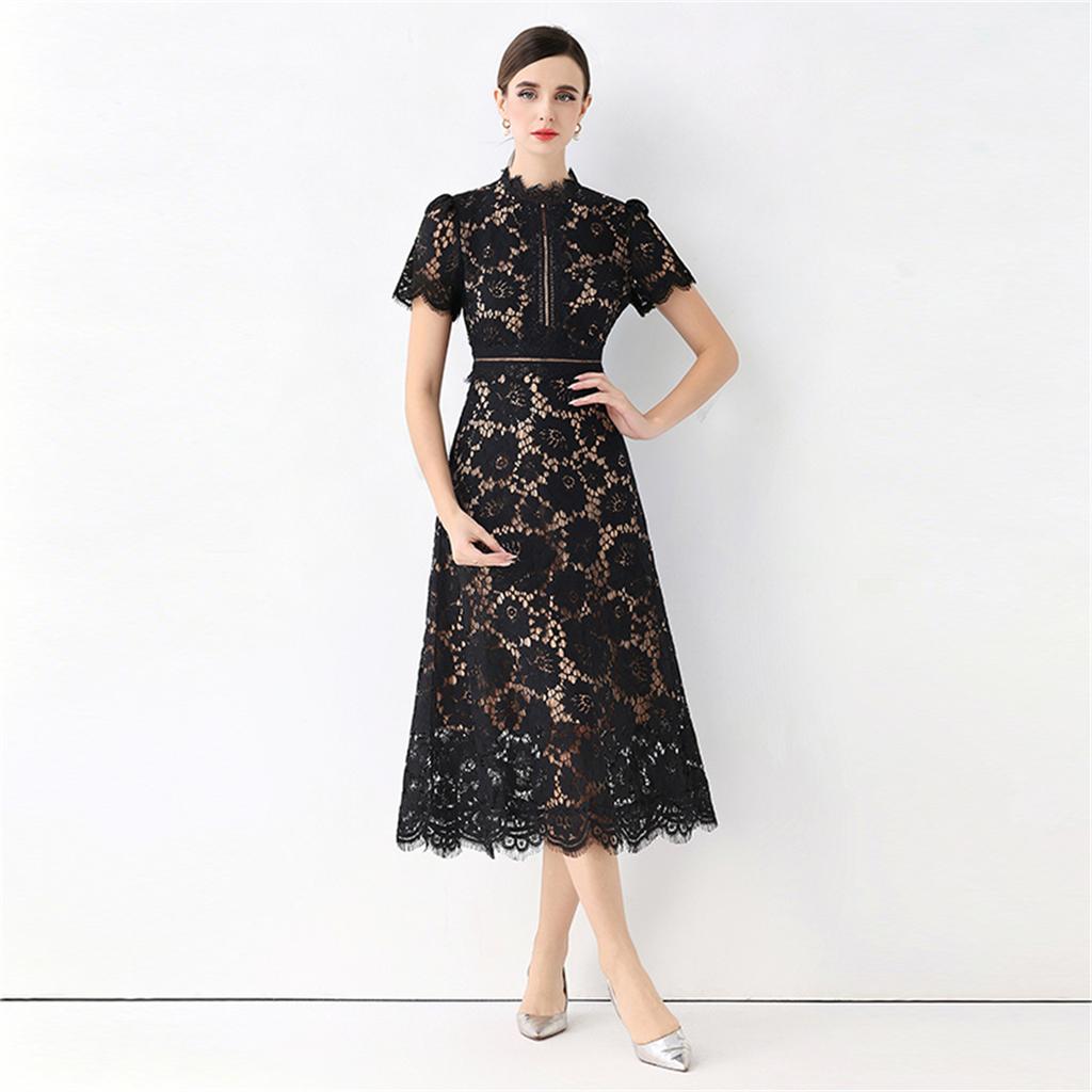 High Quaity Solid Lace Hollow Out Summer Dress for Women Elegant Stand Collar Short Sleeve Slim Midi Dresses