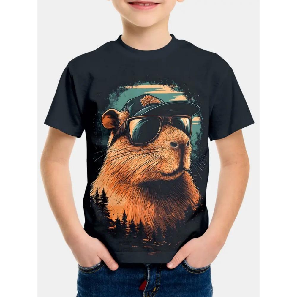 Cute Capybara Kids' Clothing Cartoon Trendy Cool Short-Sleeve T-Shirt Boys' Summer Loose Top Fashionable Children's Wear