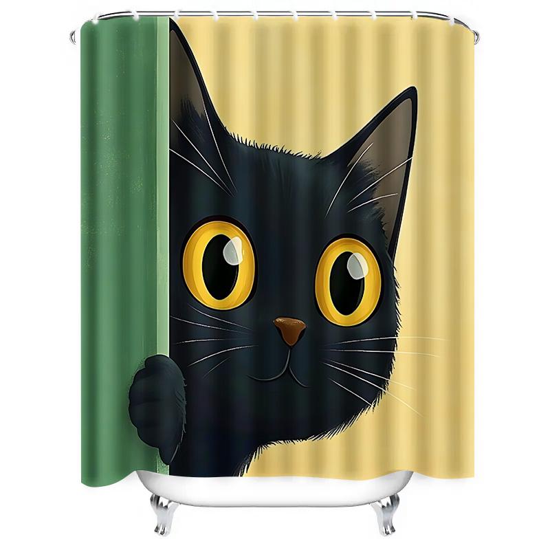 Peeking Black Cat With Big Yellow Eyes Shower Curtain For Bathroom Decoration - Cute Andfunny Design With Complimentary Hook