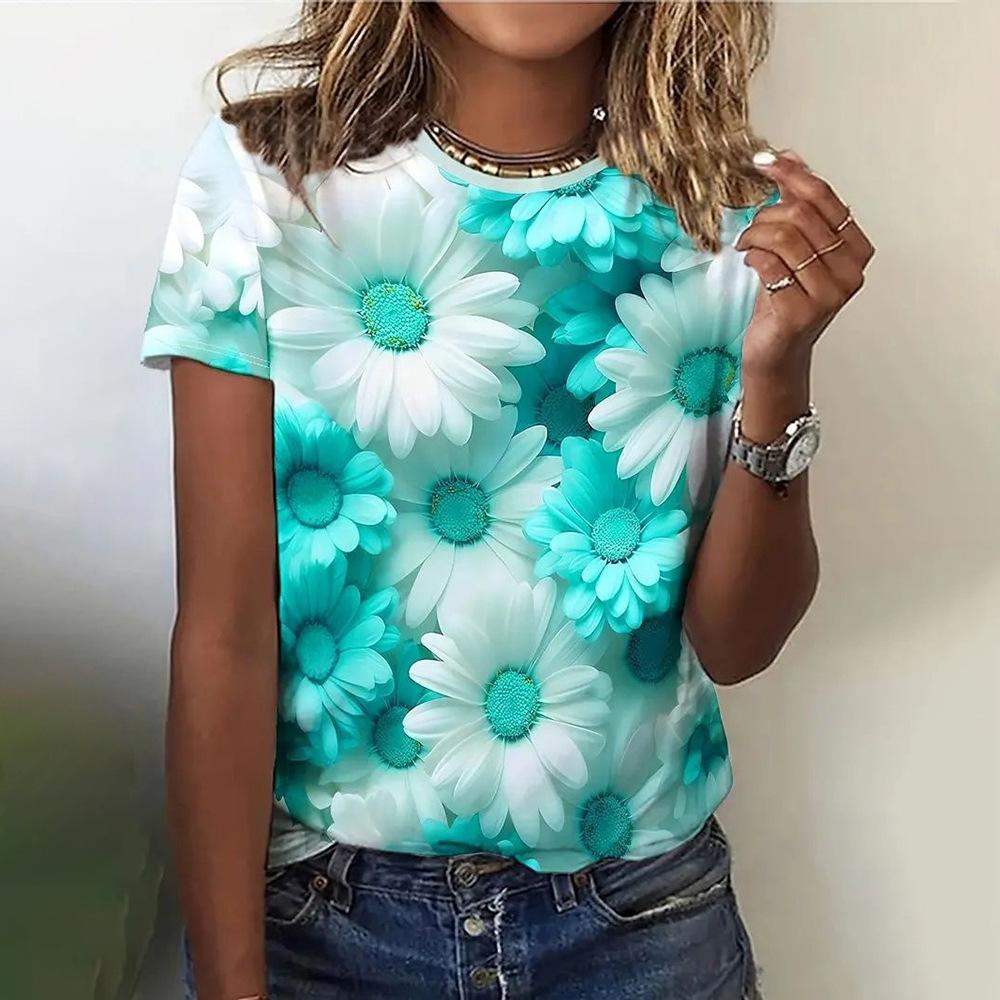 Casual and Versatile High-quality Flower Patterned Short Sleeved Round Neck Women's T-shirts
