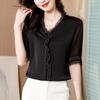 Elegant Women Chiffon Shirt Korean Blouse Office Lace Mesh Long Sleeve Ruffles V NeckTops Casual Vintage Pullovers Blusas