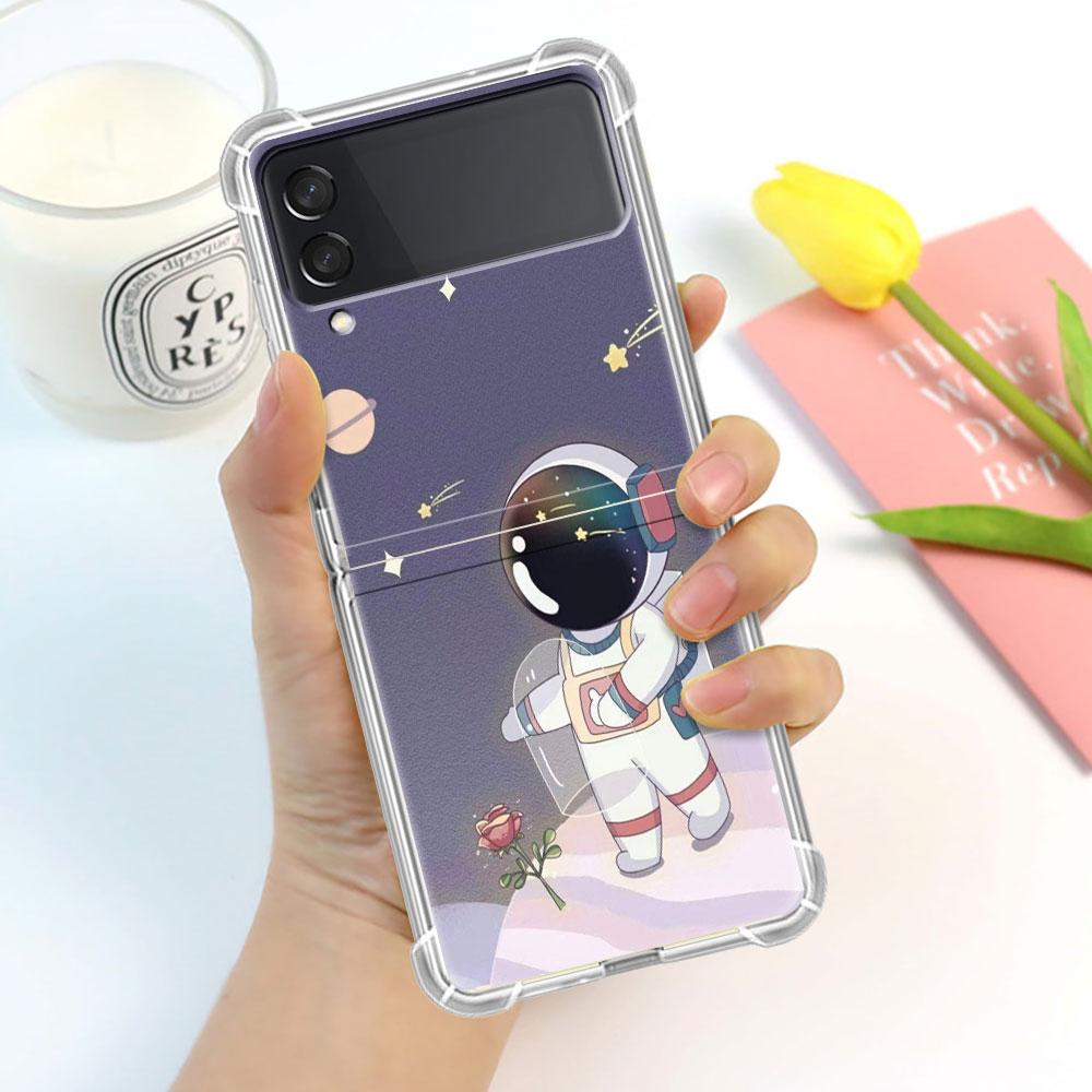 Luxury Case For Samsung Galaxy Z Flip 3 4 5G Funda Z Flip3 Clear PC Hard Shockproof Back Phone Coque Shell Astronaut Universe