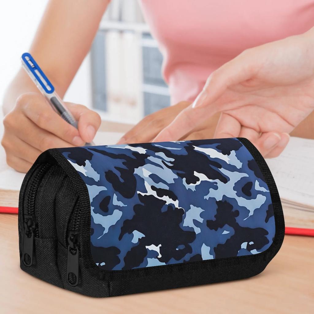 Double Layer Pencil Case, Vibrant Printed Pencil Pouch with Dark Blue Camo Design, Fashion Storage Bag, Portable Pencil Case with Zipper, Durable Fabr