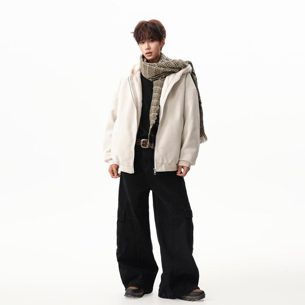 Unisex Heavyweight Cotton Hooded Jacket with Carved Eagle Design, Winter Velvet Thickened, Casual Loose Fit