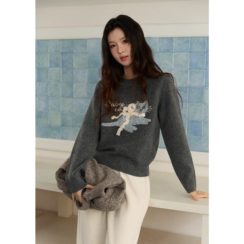 Relaxed Fit Cat Jacquard Knit Sweater with 3D Bowknot S