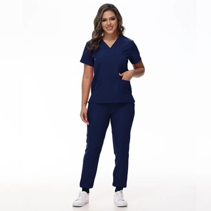 Medical Scrub Suit Healthcare Worker Scrub Top and Pants, Doctor's Work Uniform Elastic Quick-dry Short Sleeve Long Pants Nurse Outfit Set