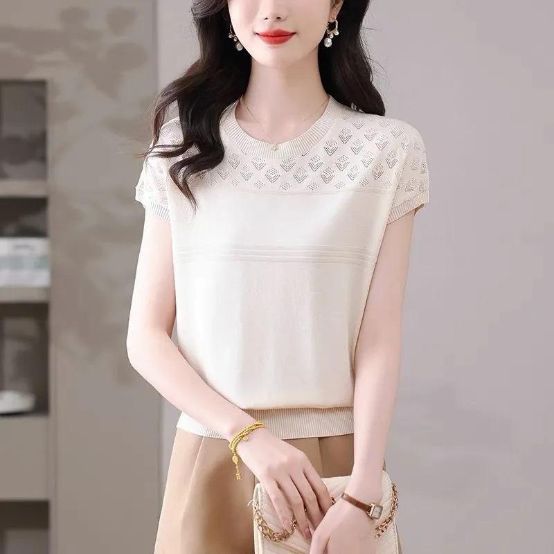 WTEMPO Women s Khaki Hollow Knit Top Round Neck Short Sleeve Ice Silk Knit Blouse Casual Lightweight Breathable Knitwear S бежевый