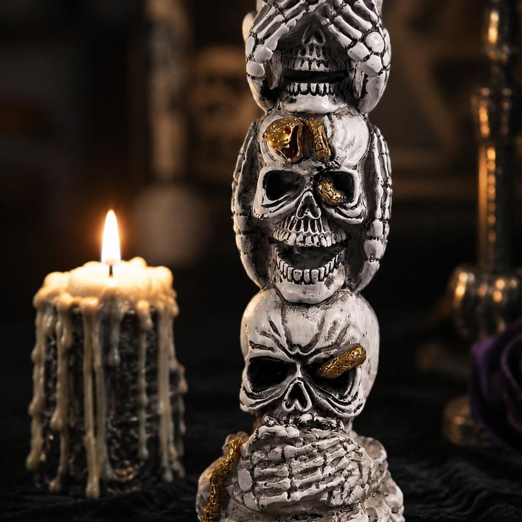 Resin Three Skulls Candle Holder Sculpture Halloween Decoration Gothic Horror Skeleton Figurine for Home Table Display