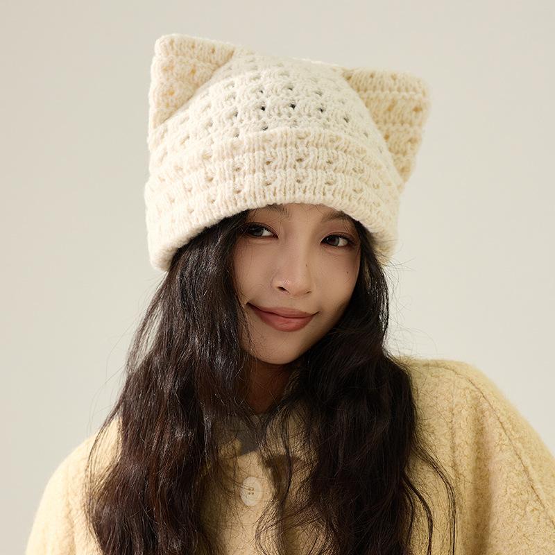 Katzenohren Wollmütze Herbst Winter Großer Kopf Warm Ohrenschutz Strickmütze