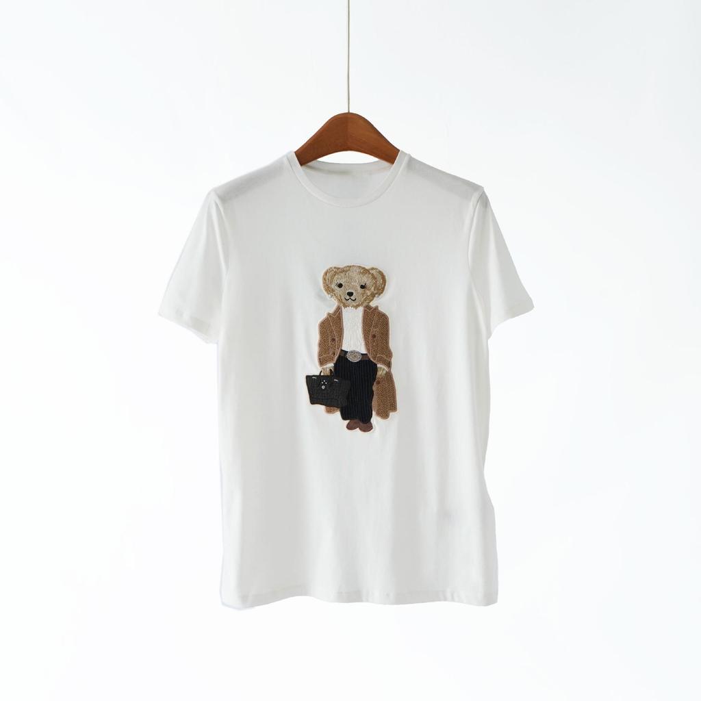 Early Spring Women's T-Shirt: 100% Long-Staple Cotton, Heavy Embroidery, Little Bear Design, Round Neck, Short Sleeve.
