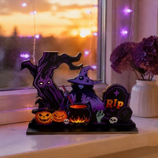 Stable Base Holiday Decor Halloween Pumpkin Haunted House Letter Ornament, Wooden Tabletop Rustic Wood Tiered Tray Signs Spooky Festive Desk